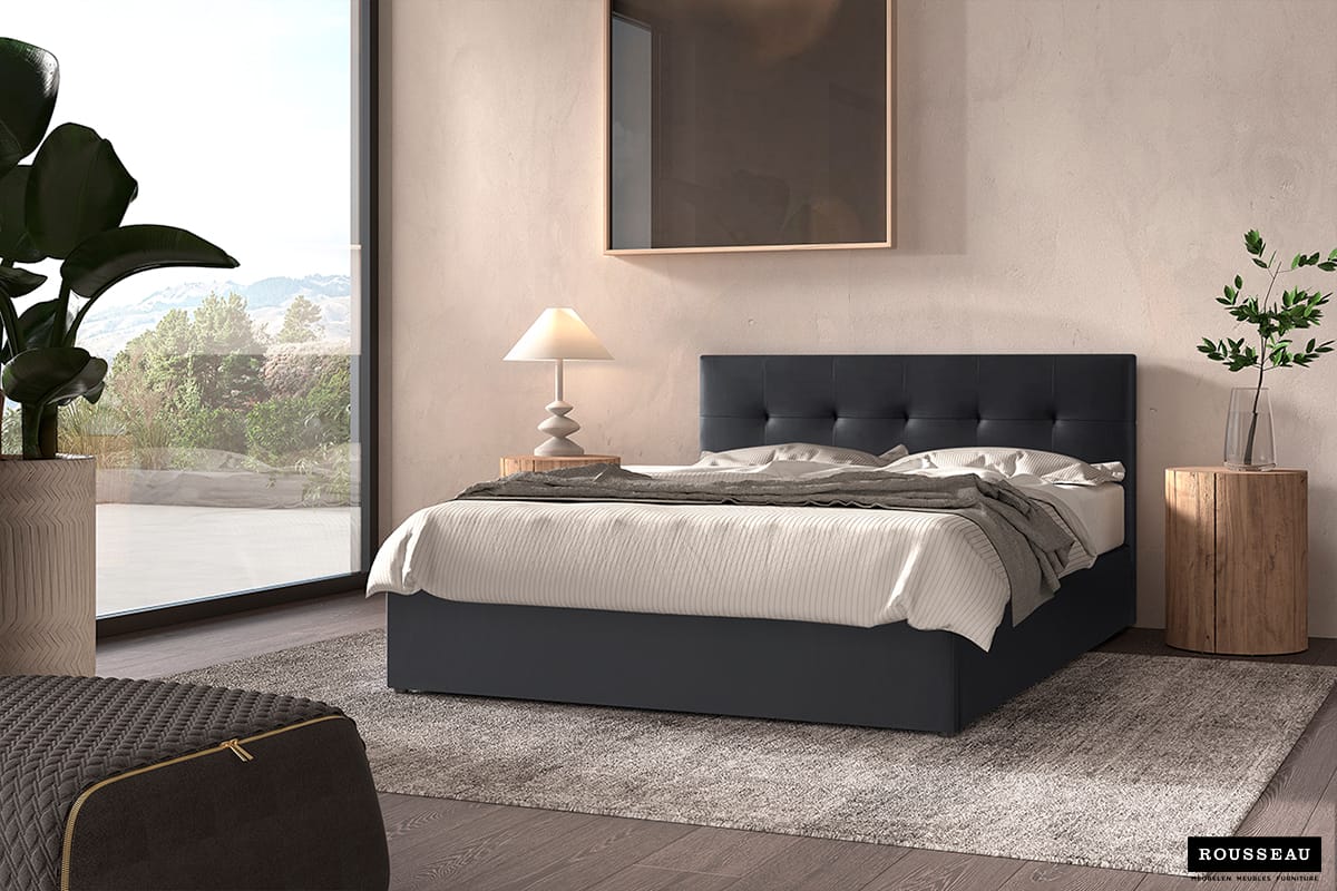 Lit 'Porto' 160x200 avec sommier PU Noir (RO-89526-2)